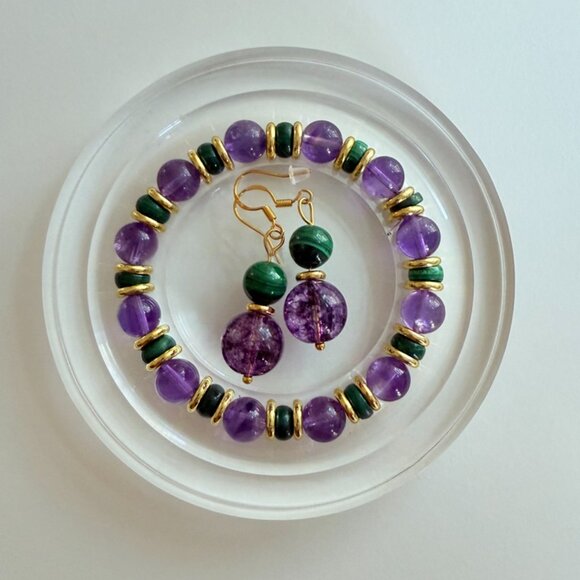 Handmade Jewelry - Amethyst & Malachite Jewelry Set – Bracelet + Earring